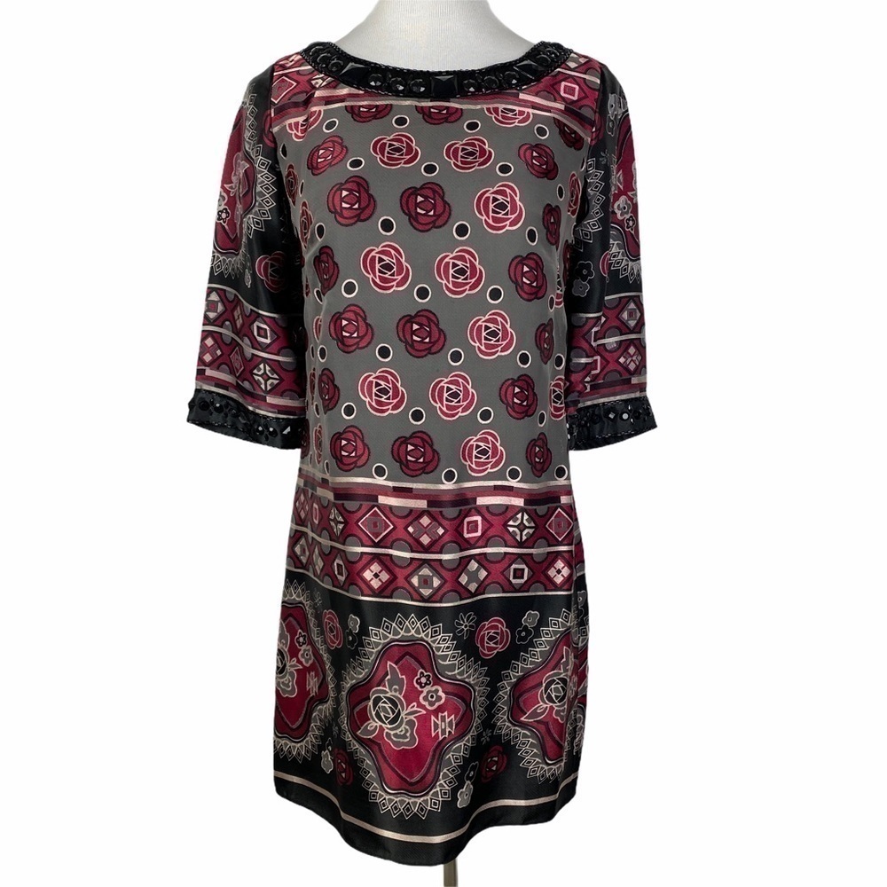 Mixit Floral Beaded Neckline/Cuff Dress Women's 4 Black Burgundy 3/4 Sleeve